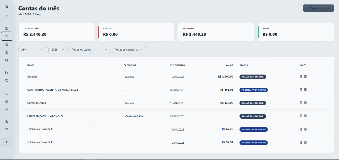 Tela de contas do mês do Quitara com lista operacional e filtros por status.