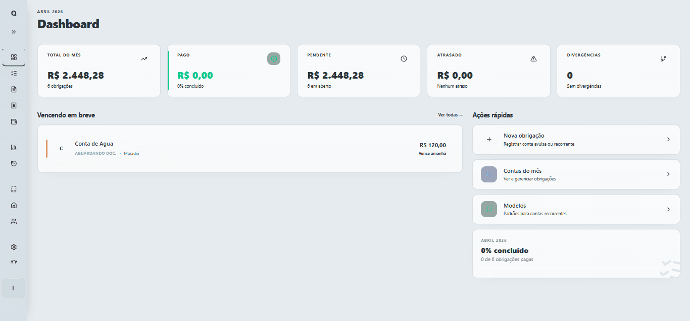 Dashboard do Quitara com visão do mês, indicadores e ações rápidas.